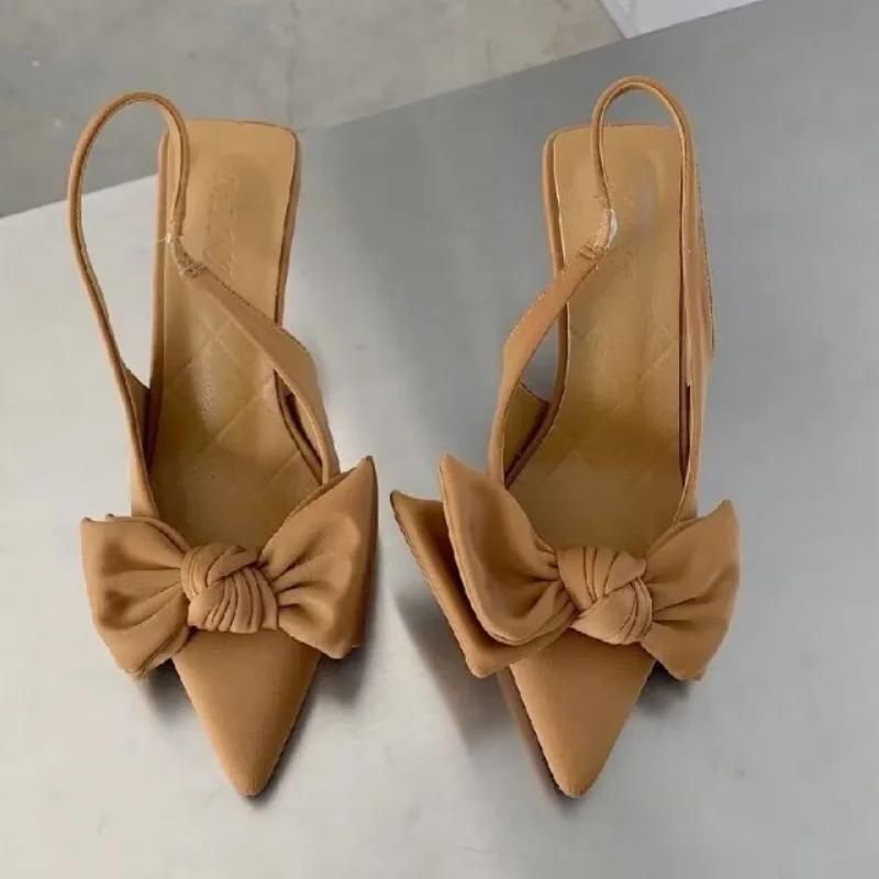 2024 Женские летние новые элегантные дизайнерские босоножки с бантом из искусственной кожи с сексуальным острым носком для вечернего платья Женские туфли на высоком каблуке большого размера
