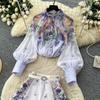 Летне-Осенняя Новинка Цветочный Принт Комплекты из Двух Предметов Брючные Костюмы Женские Блузки с Рукавами-Фонари Топы и Брюки с Высокой Талией Широкие Штаны Комплекты