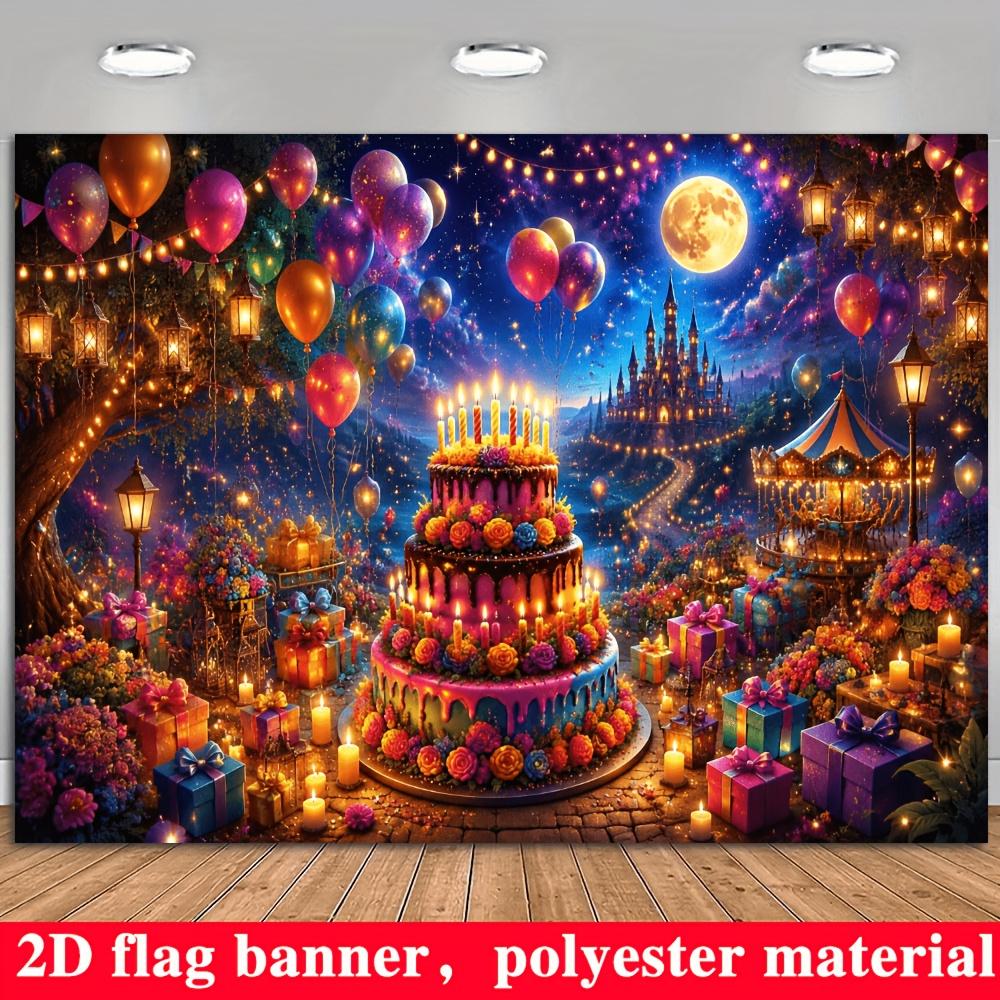 2D Flat Banner, Multicolor Birthday Backdrop, Balloons, Cake, Gift Boxes, Illuminated Castle, Carousel