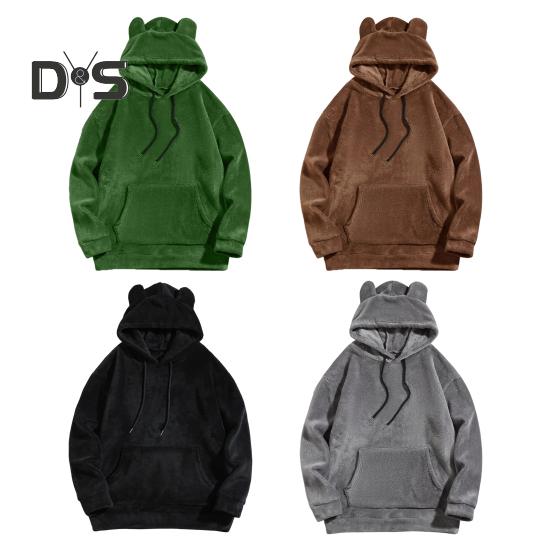 Зимняя мужская толстовка с капюшоном с декором в виде мультяшных ушей, двусторонний бархат с большим передним карманом, свободный длинный рукав, термотоп с эластичными манжетами, повседневная, на каждый день