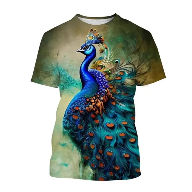 New Peacock 3D Printing Men's And Women's Fashion T-shirt Animal Color Feather Fan O Neck Short-sleeved Oversize Casual Tops Tee