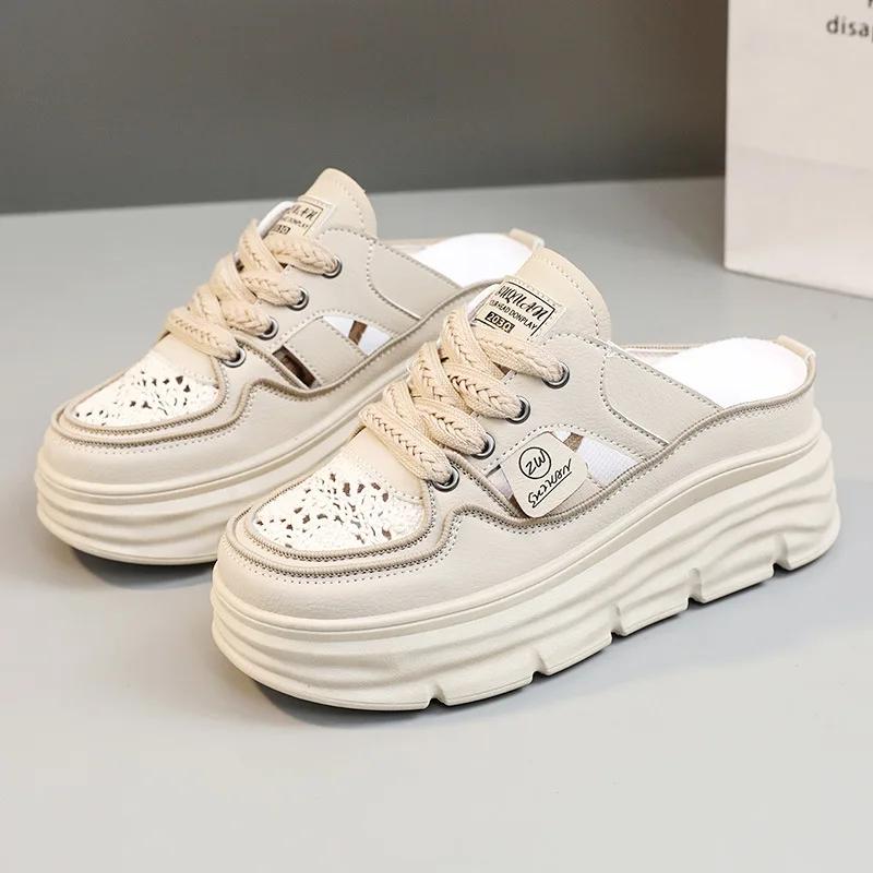 Fashion Breathable Women's Shoes 2025 Summer Women Sandals Hollow Thick Bottom Large Size 42 Leather Casual Shoes Fashion Women Slippers