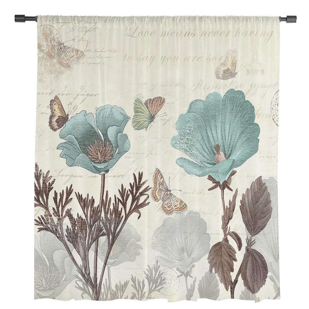 Vintage Tulip Flower Butterfly Sheer Curtains For Living Room Bedroom Kids Room Tulle Window Treatment Drapes