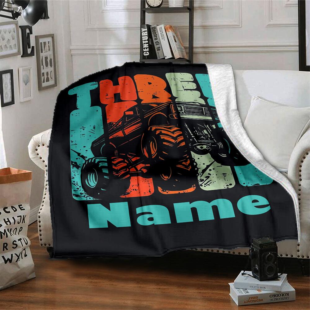 Custom Name Truck Theme Printed Blanket - Perfect for Couch, Bed, Travel & Outdoor Use | Machine Washable, Cozy & Durable.