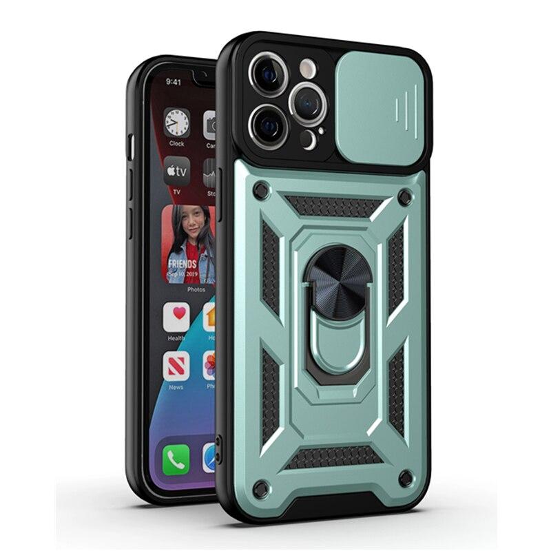 Luxury Sliding Lens Protection Armor Case For iPhone Samsung Huawei Xiaomi Redmi Magnetic Ring Shockproof Cover