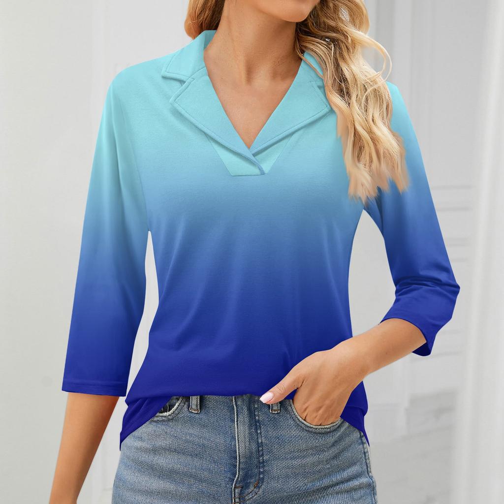 Женский модный топ для отдыха с семиточечным рукавом и V-образным вырезом, со вставками на манжетах и ​​принтом