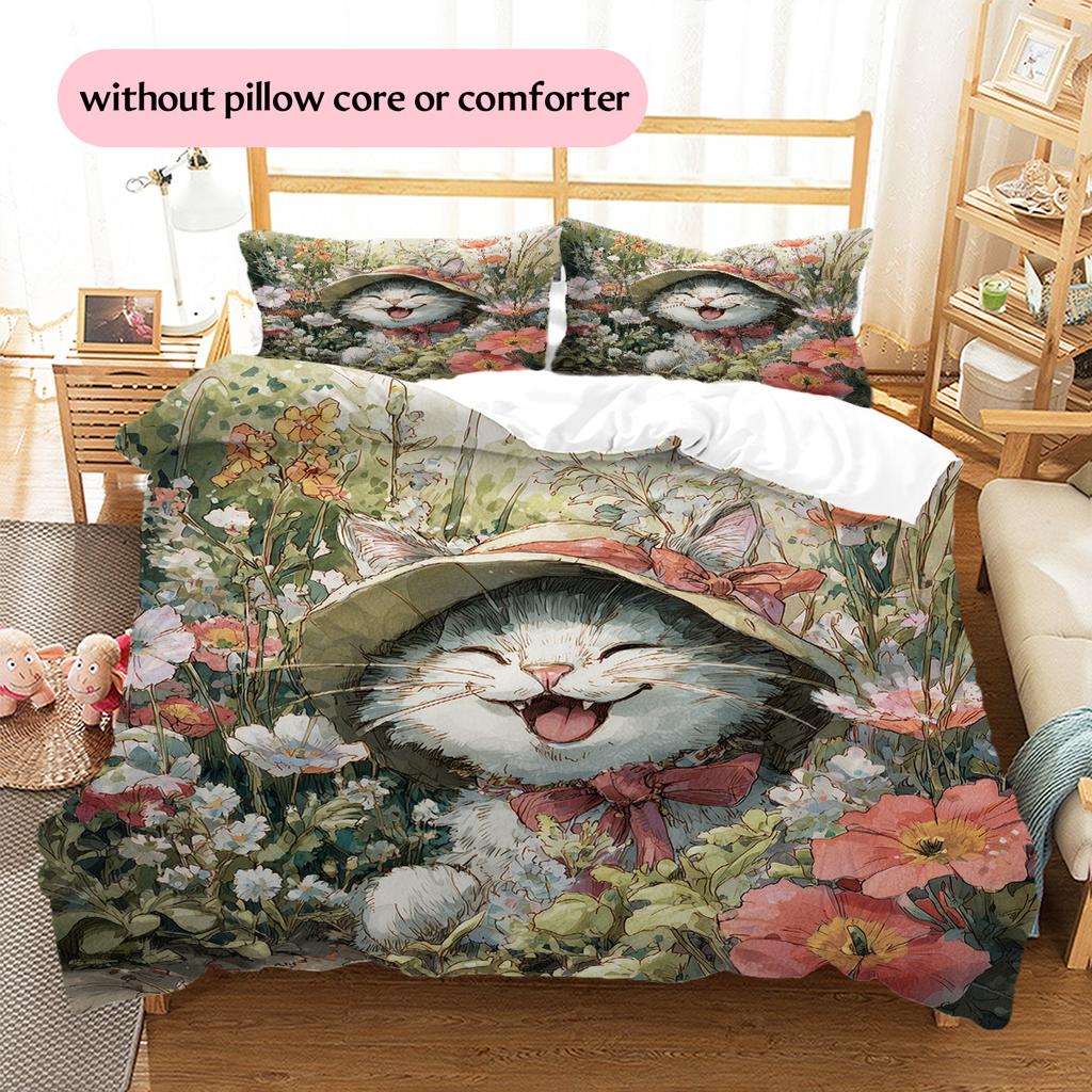 Cat with Vintage Hat Pattern Bedding Quilt Set Home Decoration Gift (1 * duvet cover + 2 * pillowcase, without core)
