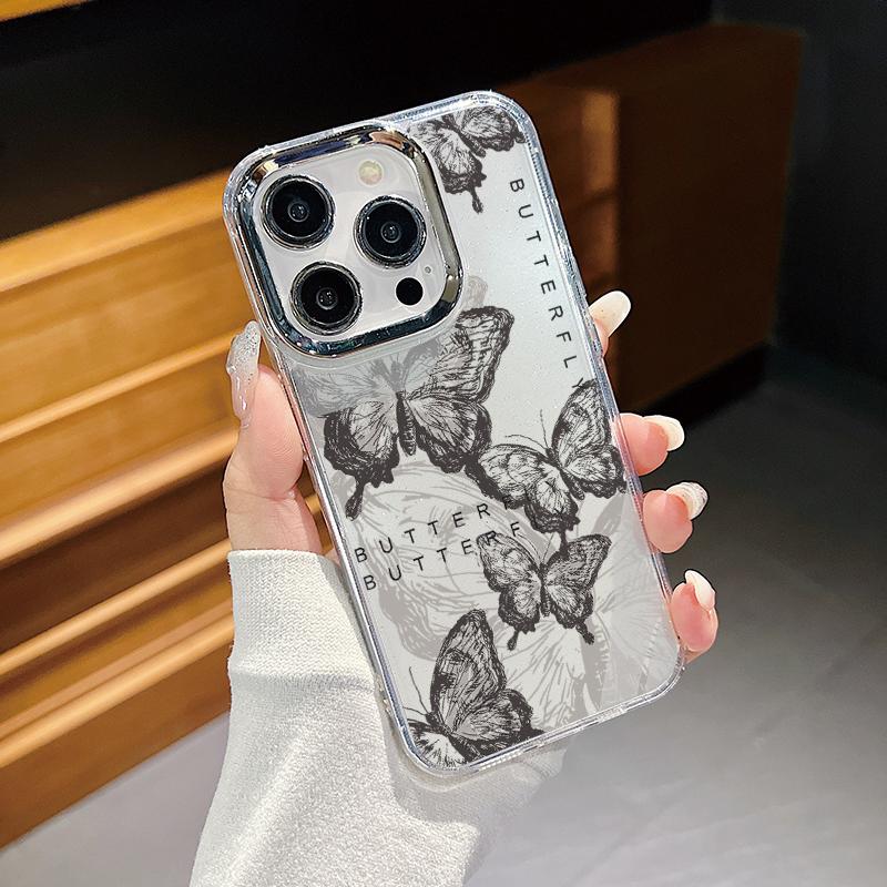 Electroplating Lens Frame Flower Butterfly Case For iPhone 15 16 Pro Max Plus 12 13 14 Pro 11 Transparent TPU Phone Cover