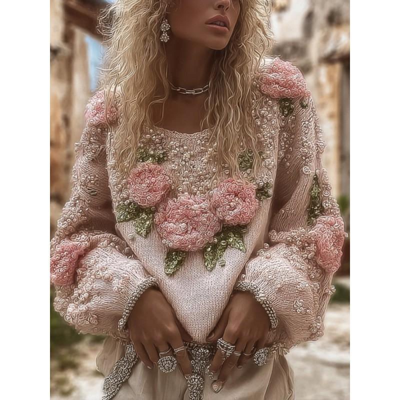 Womens Fall Winter Soft Floral Knit Sweater Round Neck Long Sleeve Outerwear Innerwear