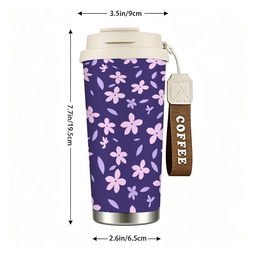 Cute Purple Floral Print Stainless Steel Insulated Coffee Tumbler Vacuum Travel Mug Reusable Cup for Office School Gift Idea