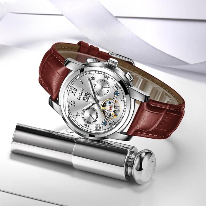 Montre homme mécanique automatique tourbillon calendrier étanche lumineux cuir classique cadeaux de Noël