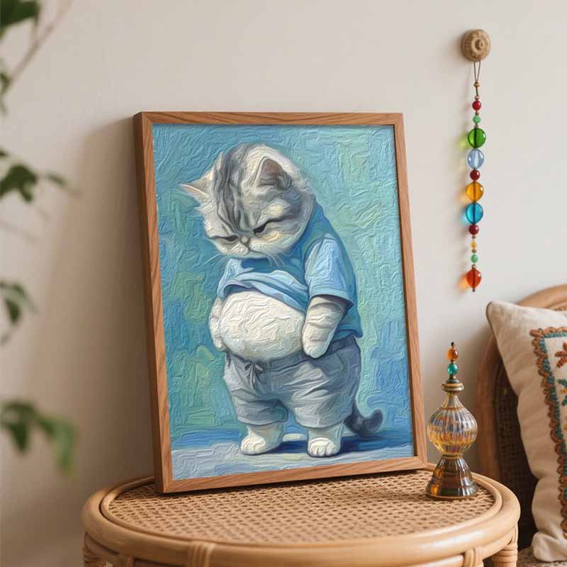 Cute fat cat oil painting DIY digital painting handpainted living room hallway decorative wall hanging