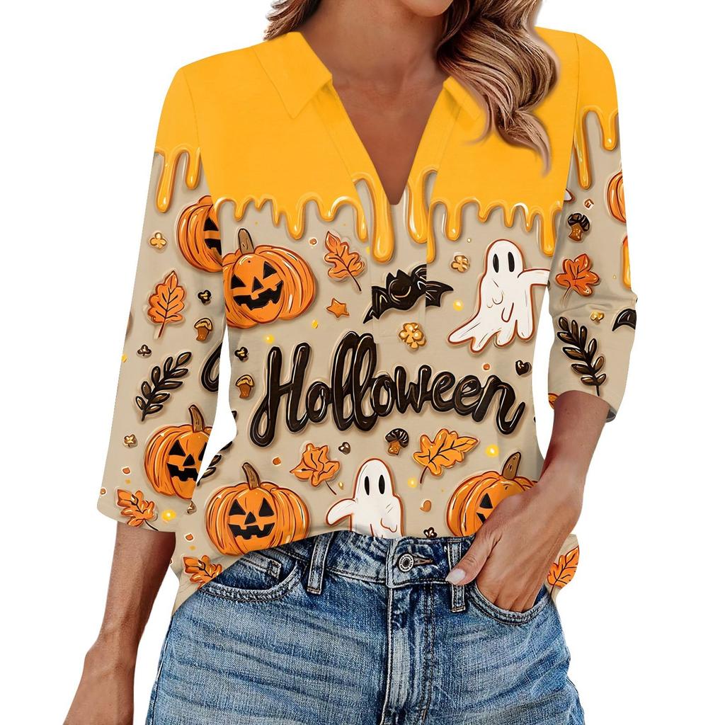 Women's Fashion Casual Lapel 3/4 Sleeve Halloween Print Shirt Women's V-Neck Tops