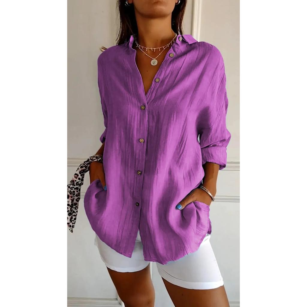 IHUASU Single Breasted Pleated Lapel Shirt Women's Solid Color Pull-up Sleeve Top
