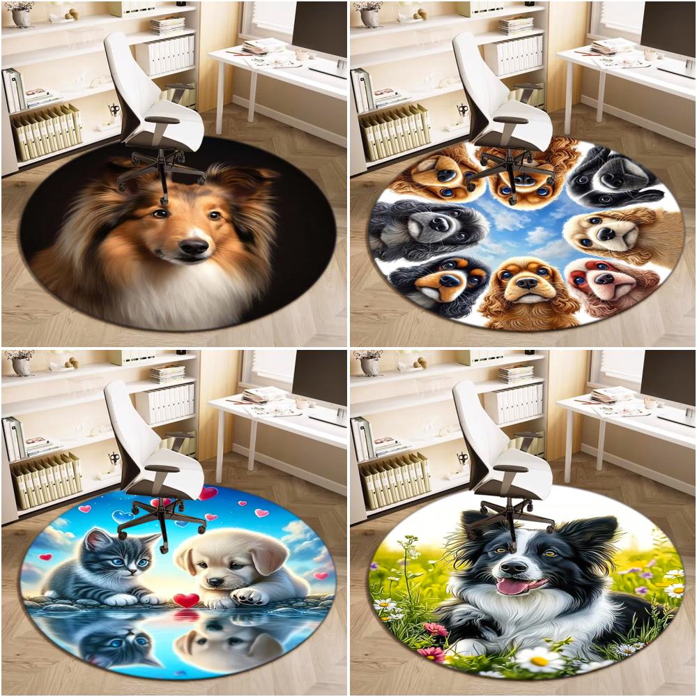 1Pc Cute pet Chihuahua Border Collie Printed circular carpet, home door mat, outdoor travel protection carpet