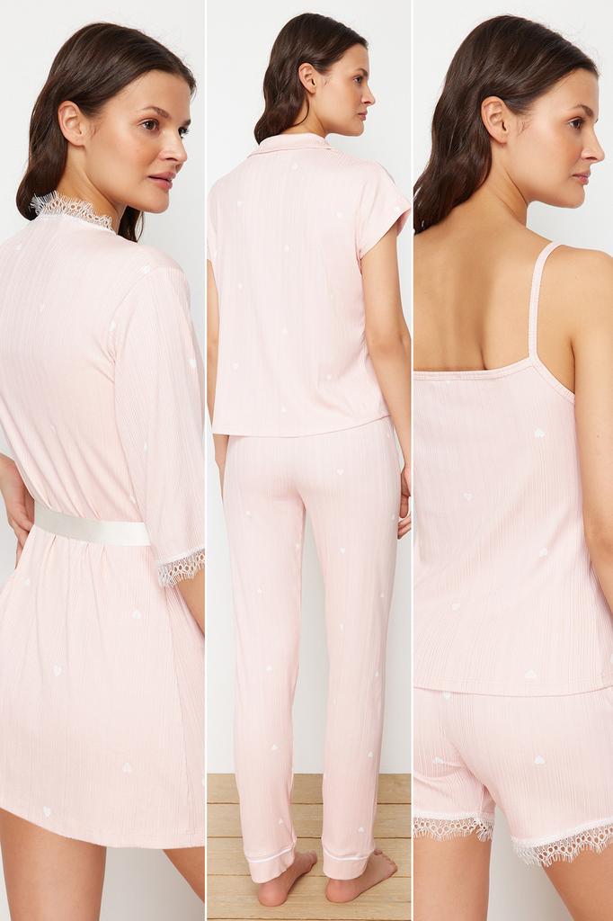 Женский модный новый пижамный комплект, розовый вязаный пижамный комплект из 5 предметов в рубчик с сердечками