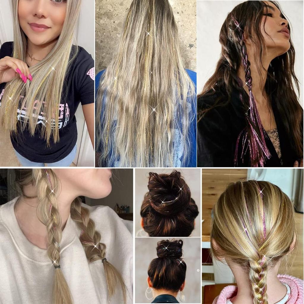 Набор мишуры для волос с инструментами Мишура для волос Термостойкий набор мишуры для волос феи Наращивание волос 47 дюймов 1100 прядей Блестящая мишура