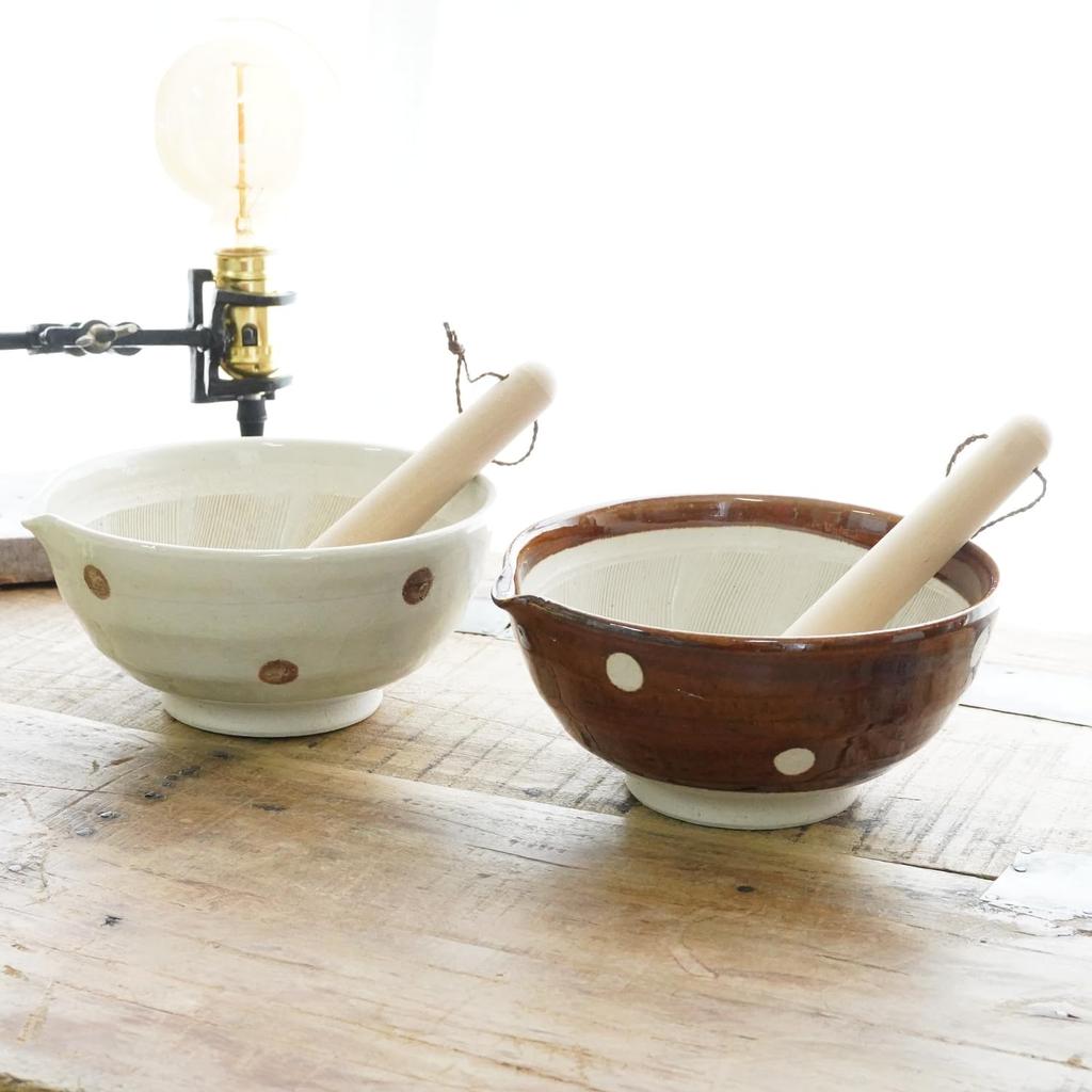 Fukubeya Retro and Cute Polka Dot Sesame Mortar, 18cm Diameter, with Pestle - Rustic Ceramic Design That Blends In with Your Kitchen (Hiwa Polka Dot)