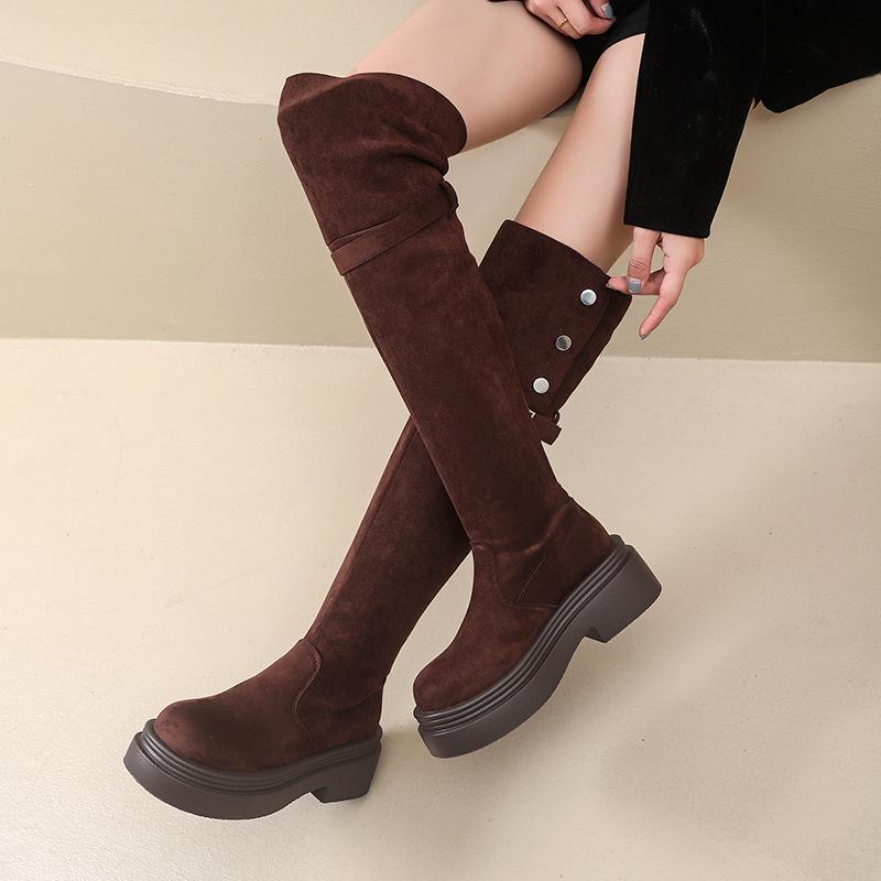 Over-knee Boots Women's Thick-soled Inner Height Increase Merad Long-tube Boots Thick-soled Large-tube Circumference Widened Fat Mm Large Size Velvet