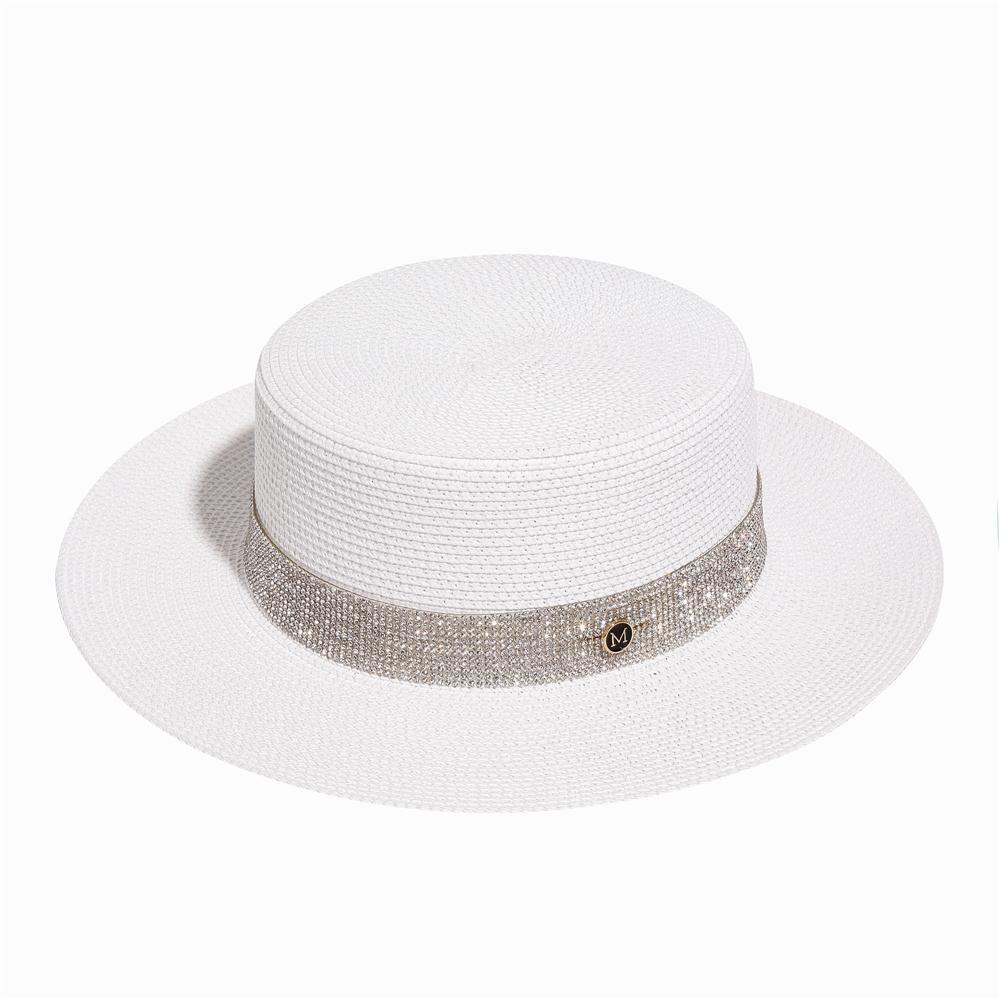 Rhinestone flat top straw hat m standard hat women's beach travel hat fashion wide brim versatile sun protection flat brim straw hat