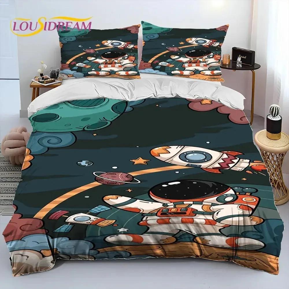 Astronaut Space Cartoon Comforter Bedding Set,Duvet Cover Bed Set Quilt Cover Pillowcase,King Queen Size Bedding Set for Child