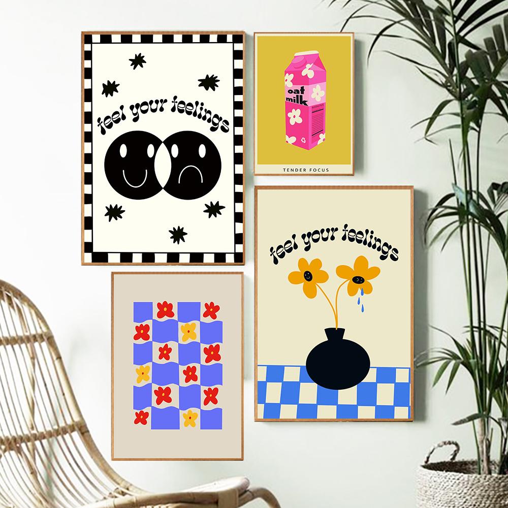 Flower Poster Wall Art Home Decor Funky Black White Smiley Modern Colorful Canvas Painting Living Room Maximalist Boho Picture