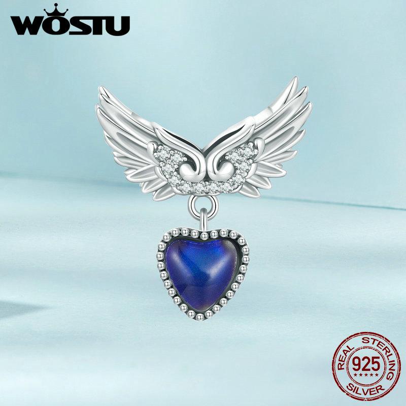 WOSTU 925 Sterling Silver Wing Guardian Emotion Stone Charm Beads for Bracelet DIY Jewelry