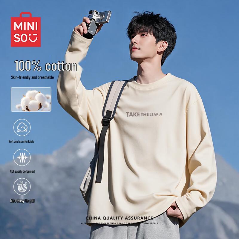 MINISO Men's Relaxed Fit Heavyweight Pure Cotton Long-Sleeve T-Shirt