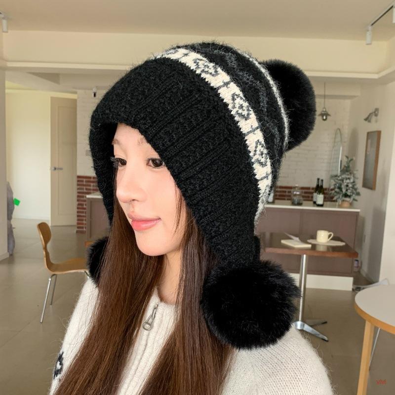 Fair Island wind autumn winter piled thickened pullover hat warm ear protection knitted big head circumference small face wool hat