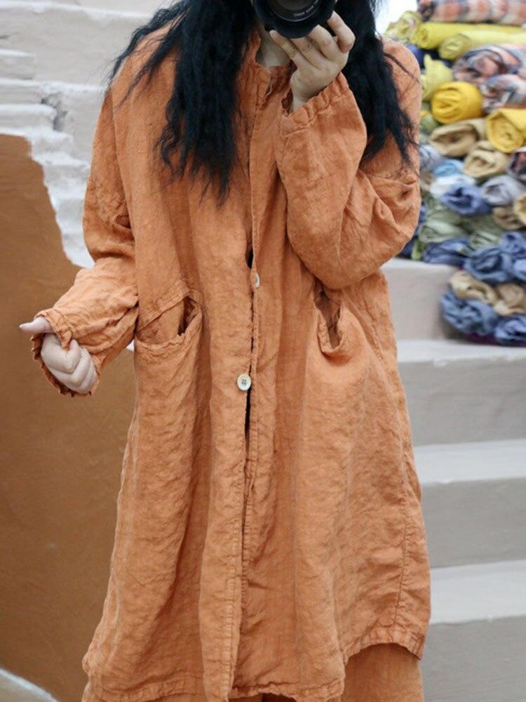 Johnature Women Linen Casual Loose Coats Solid Color Simple Korean Style Long Sleeve Clothes Spring Button Coat