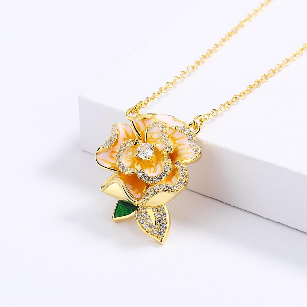 Elegant European Flower Necklace Camellia Green Leaf Enamel Pendant