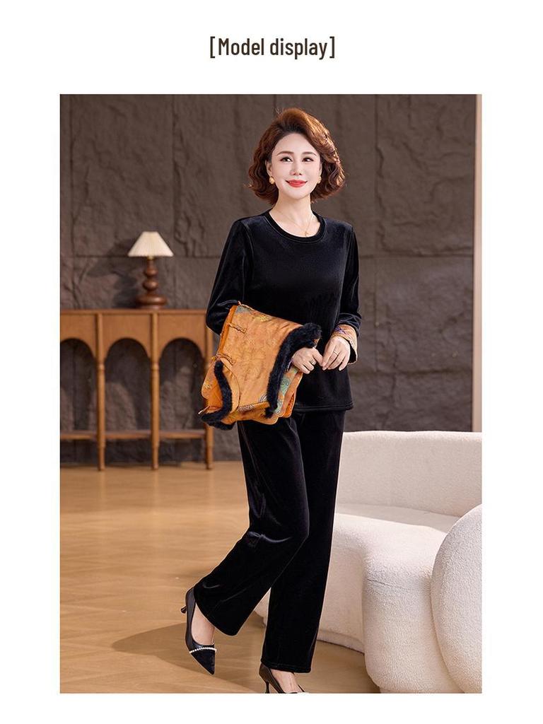 Новый зимний жилет в китайском стиле: Золотой велюровый комплект из 3 предметов для женщин среднего возраста