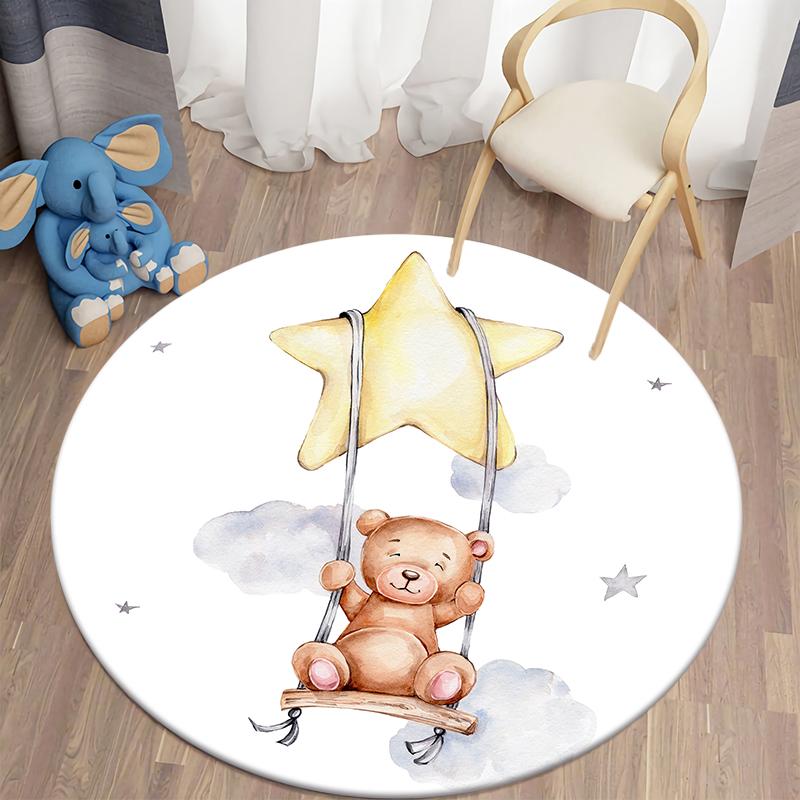 Living Room Round Carpet Floor Mat Kids Anti-Slip Mat Cartoon Bear Print Kids Carpet Kawaii Area Rug
