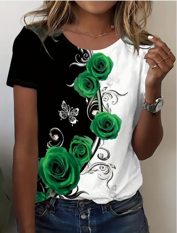 Модная женская простая и красивая трехмерная футболка с принтом розы, забавная повседневная футболка с круглым вырезом и короткими рукавами, летняя женская футболка