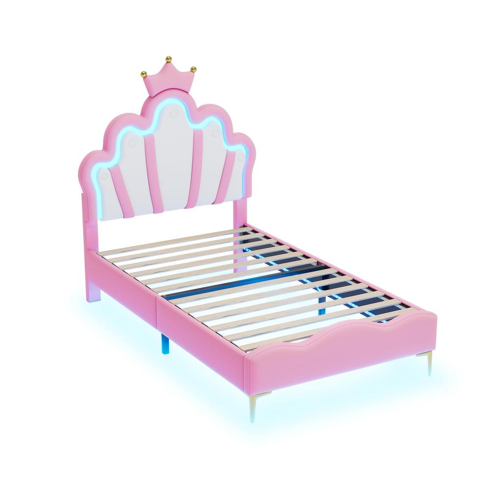 Upholstered Bed 90x200cm, Crown-shaped Princess Bed, Slatted Frame, LED Color-changing Light, PU Material, Adult/youth, Without Mattress