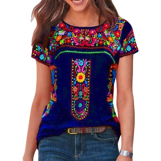 O-neck Short Sleeve Loose Fit Women T-shirt Vintage Boho Ethnic Floral