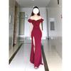 One-word Shoulder Dress Long Dress Women's Spring Ruffle Edge Temperament Socialite High Split Evening Dress Dress