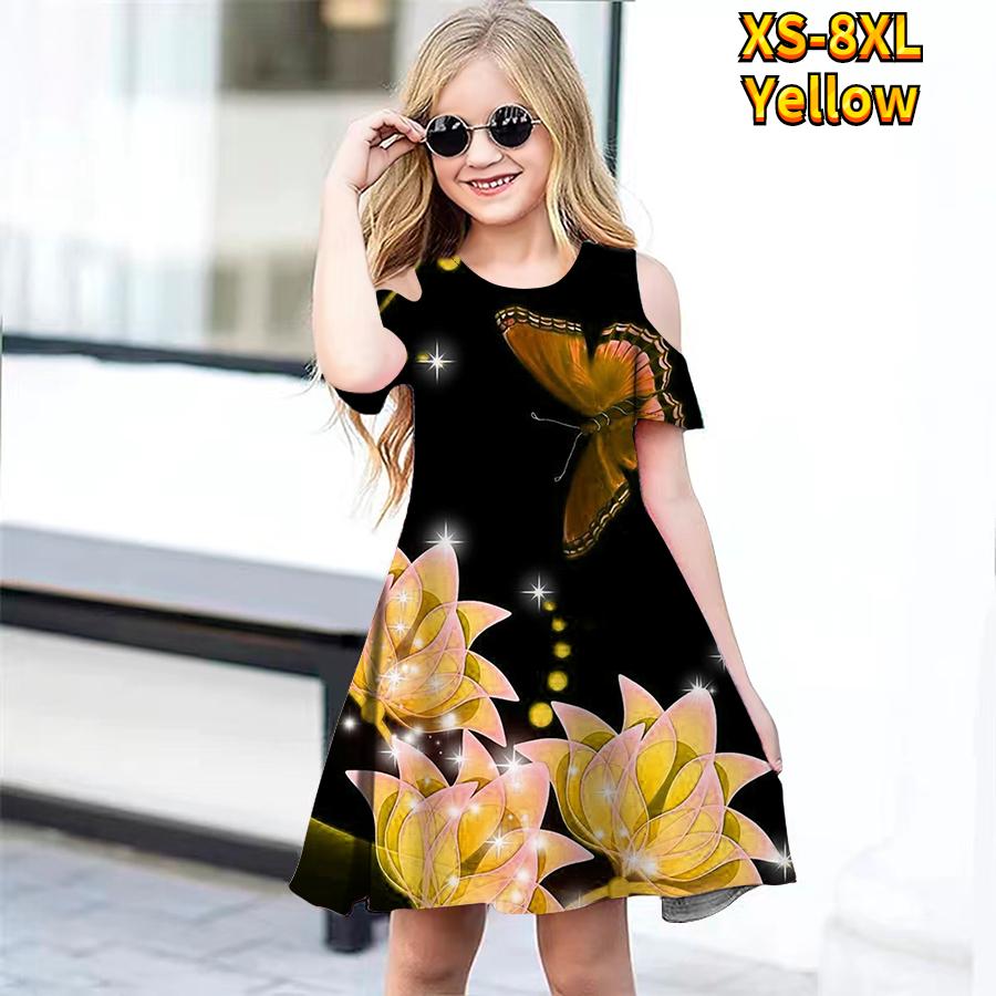 Платья с цветочным принтом цветов и бабочек для девочек, детское вечернее платье с открытыми плечами для девочек, платье принцессы, платье с короткими рукавами для девочек старше 4 лет