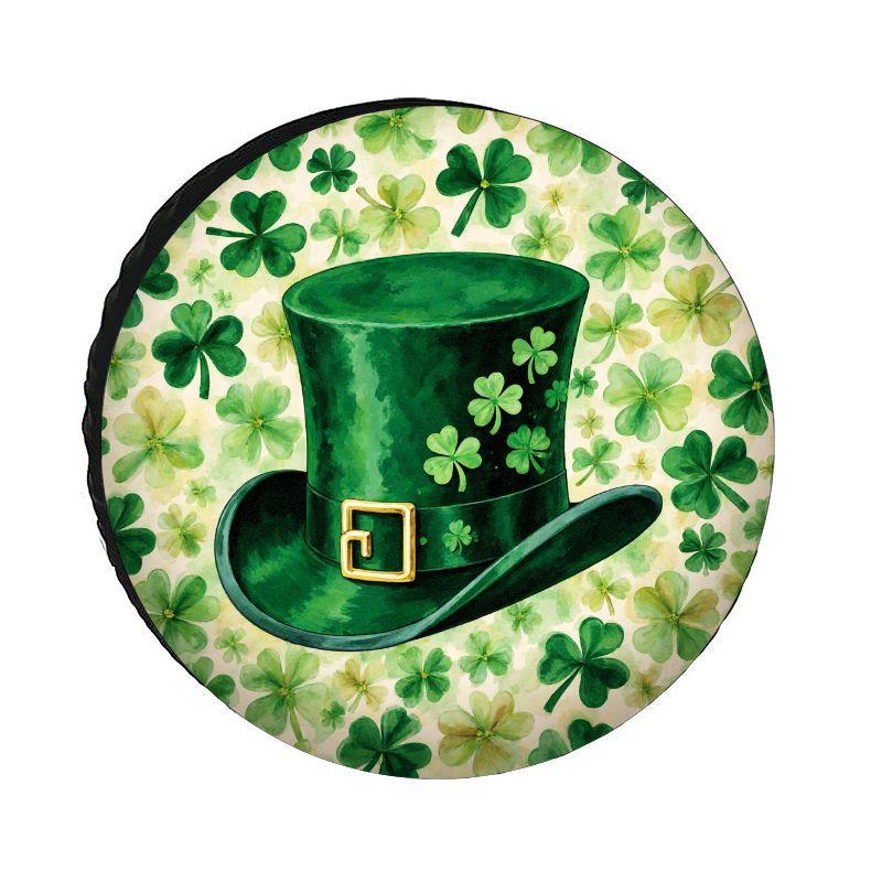 St. Patrick's Day Watercolor Lucky Clover Leprechaun Hat Polyester Spare Tire Cover, Sun and Dust Protection