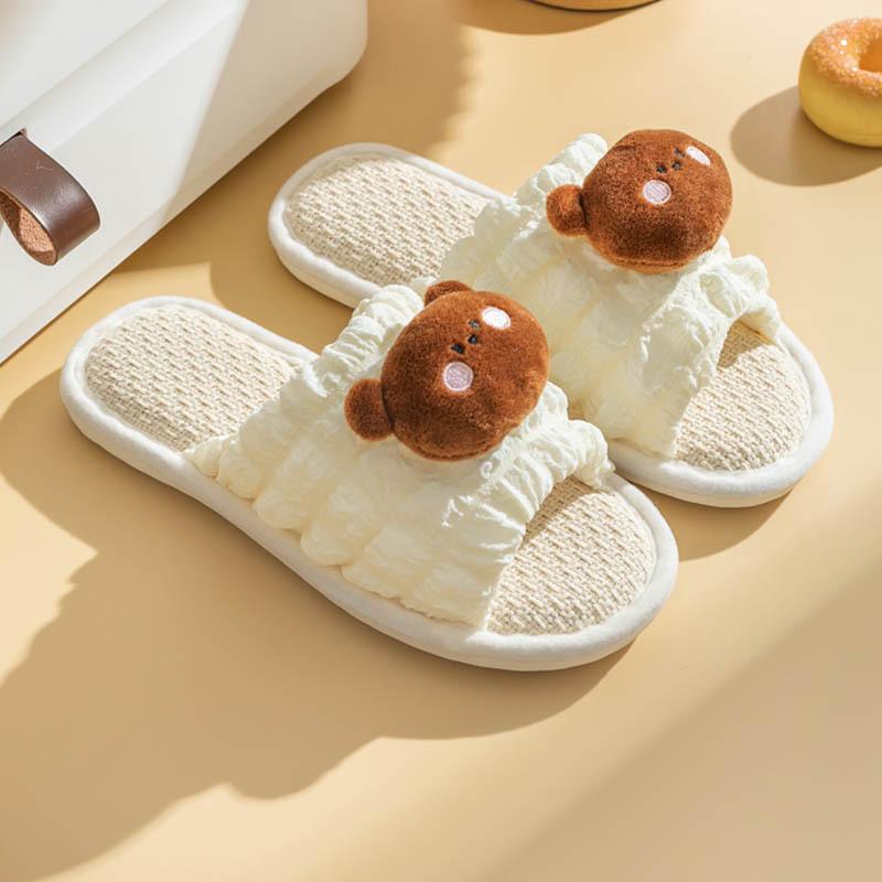 Elegant Hairy Slippers Cartoon Bubble Linen Slippers Net Red Girl Open Sandals Slippers Home Indoor Fabric Slippers Female Home Shoes Slippers Pink