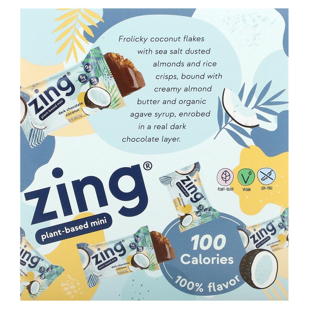 Zing Bars Plant-Based Mini Bars, with Dark Chocolate Coconut and Almond Butter, 18 Bars, 0.84 Oz (24 G) Each