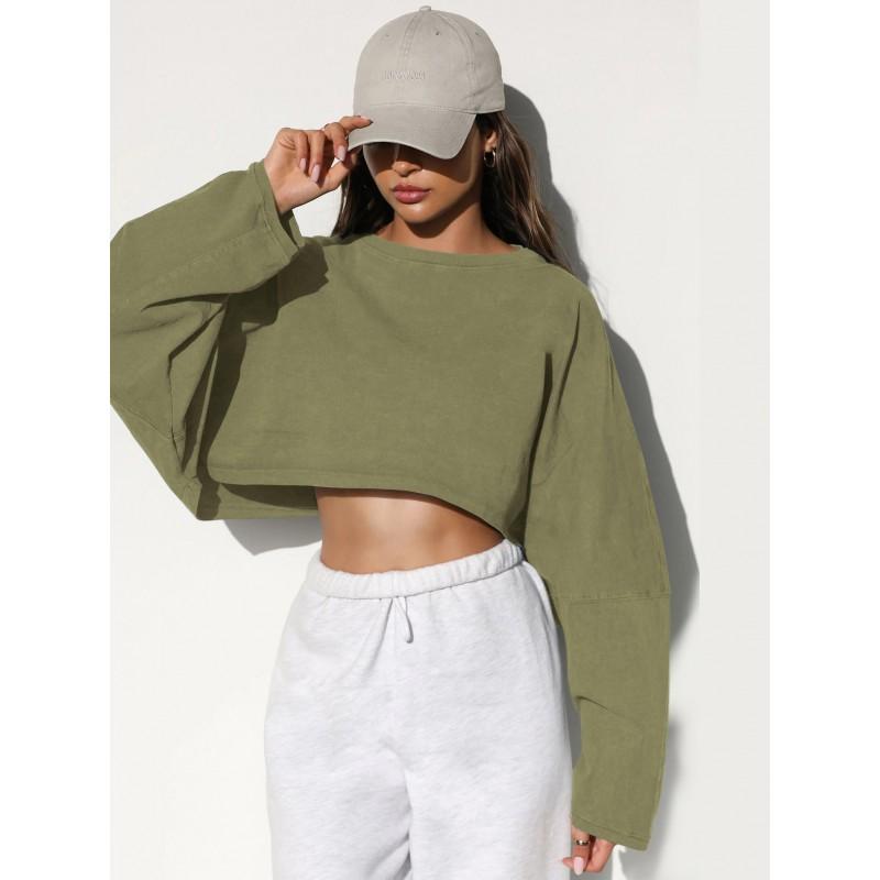 Womens Cropped Crew Neck Sweatshirt Loose Long Sleeve Athletic Top Workout Running