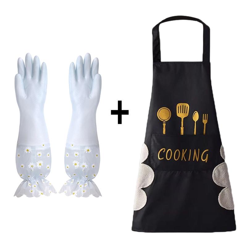 Waterproof Housework Cleaning Gloves and Can Wipe Hands Apron Set Kitchen Cleaning Latex Winter Warm Dishwashing Laundry Gloves