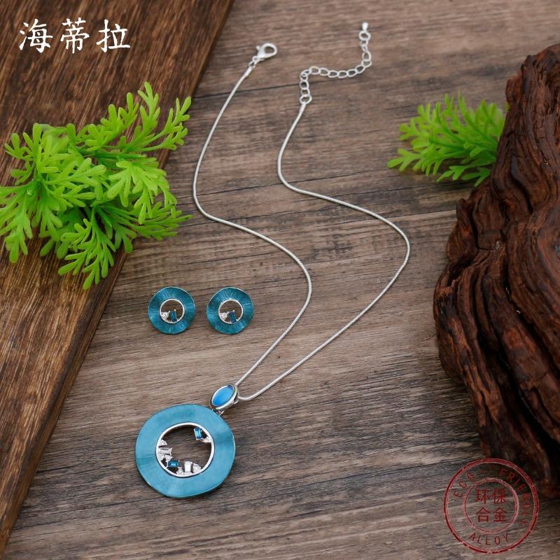 Новый эмалевый цвет полые круглые серьги-пусеты подвеска набор женская мода высокое чувство полая кольцевая цепочка