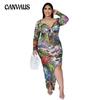 Модное женское сексуальное платье с принтом и косым разрезом большого размера