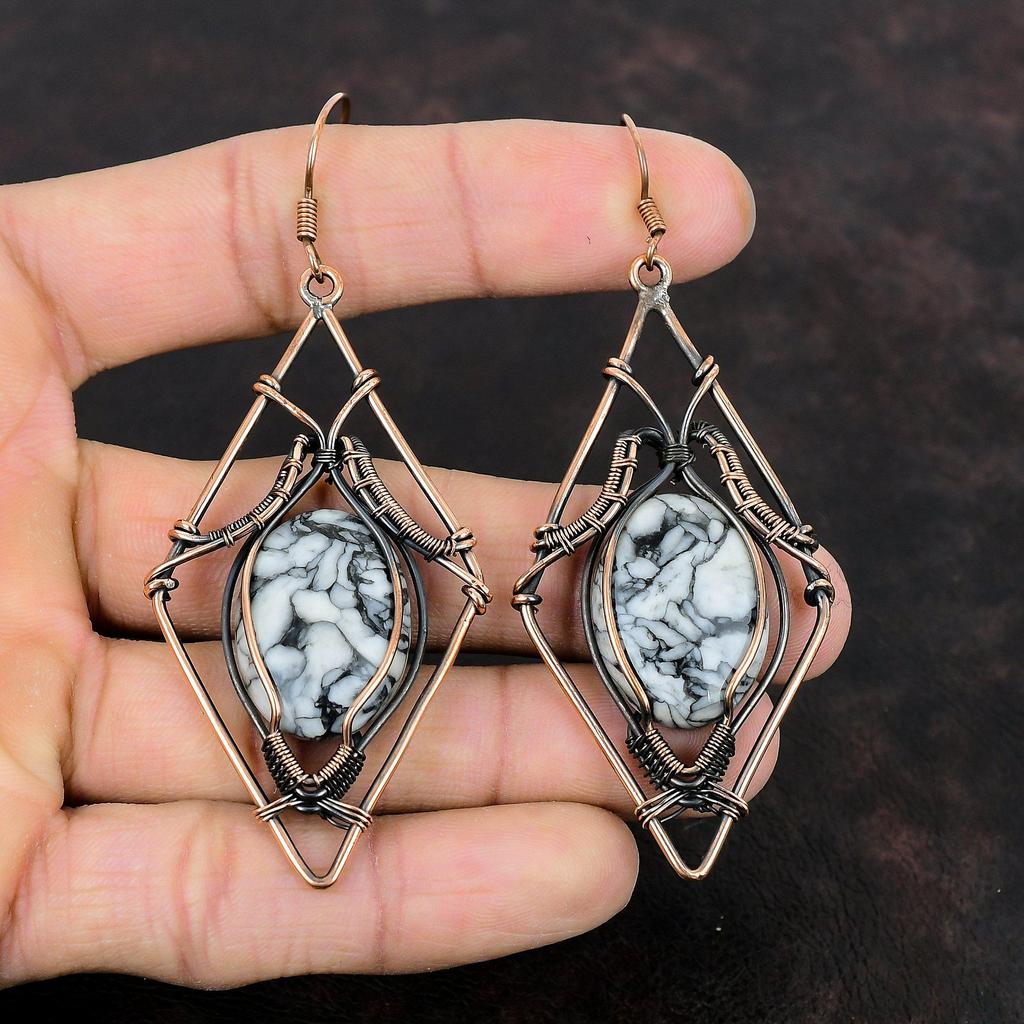 Серьги Pinolith Jasper Медная проволока Серьги в обертке Ювелирные изделия из драгоценных камней Дизайнерские серьги ручной работы Pinolith Jasper Медные украшения Подарки для мамы