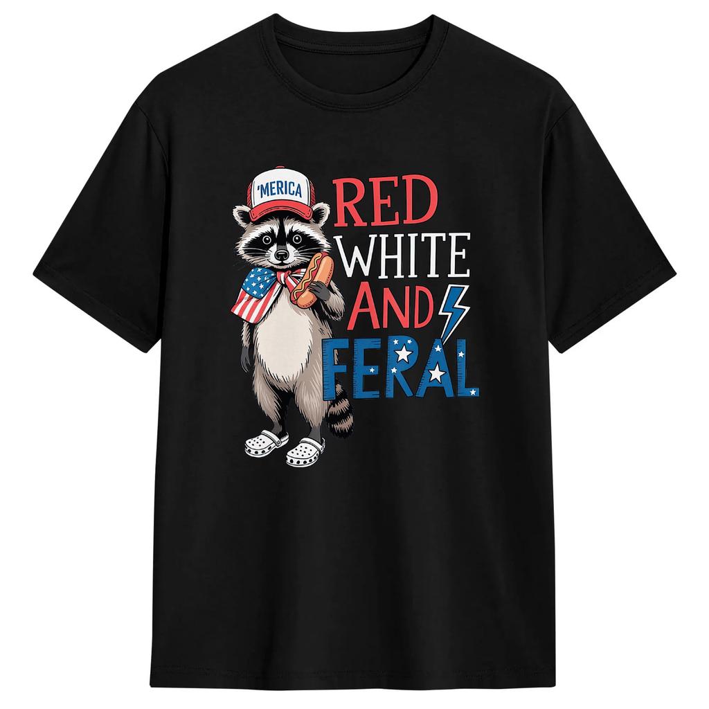 Red White And Feral Raccoon 4th Of July Usa American Pride T Shirt Summer Cotton Tshirts For Unisexs Design Tshirt Short Sleeve