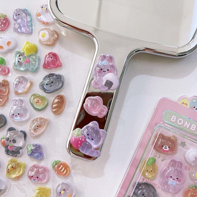 4 Sheets Cartoon Animal Ghost Rabbit Aesthetic Decals 3D Relief Jelly Stickers Diy Phone Case Diary Stationery Sticker Decor