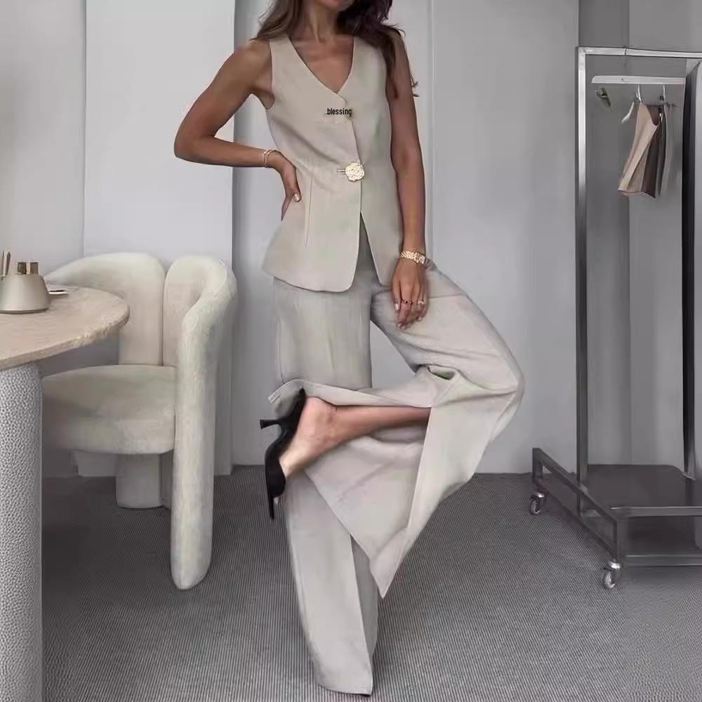 2024 Elegant Solid Color V-neck Sleeveless Vest & High-waisted Wide-leg Pants Set for Women