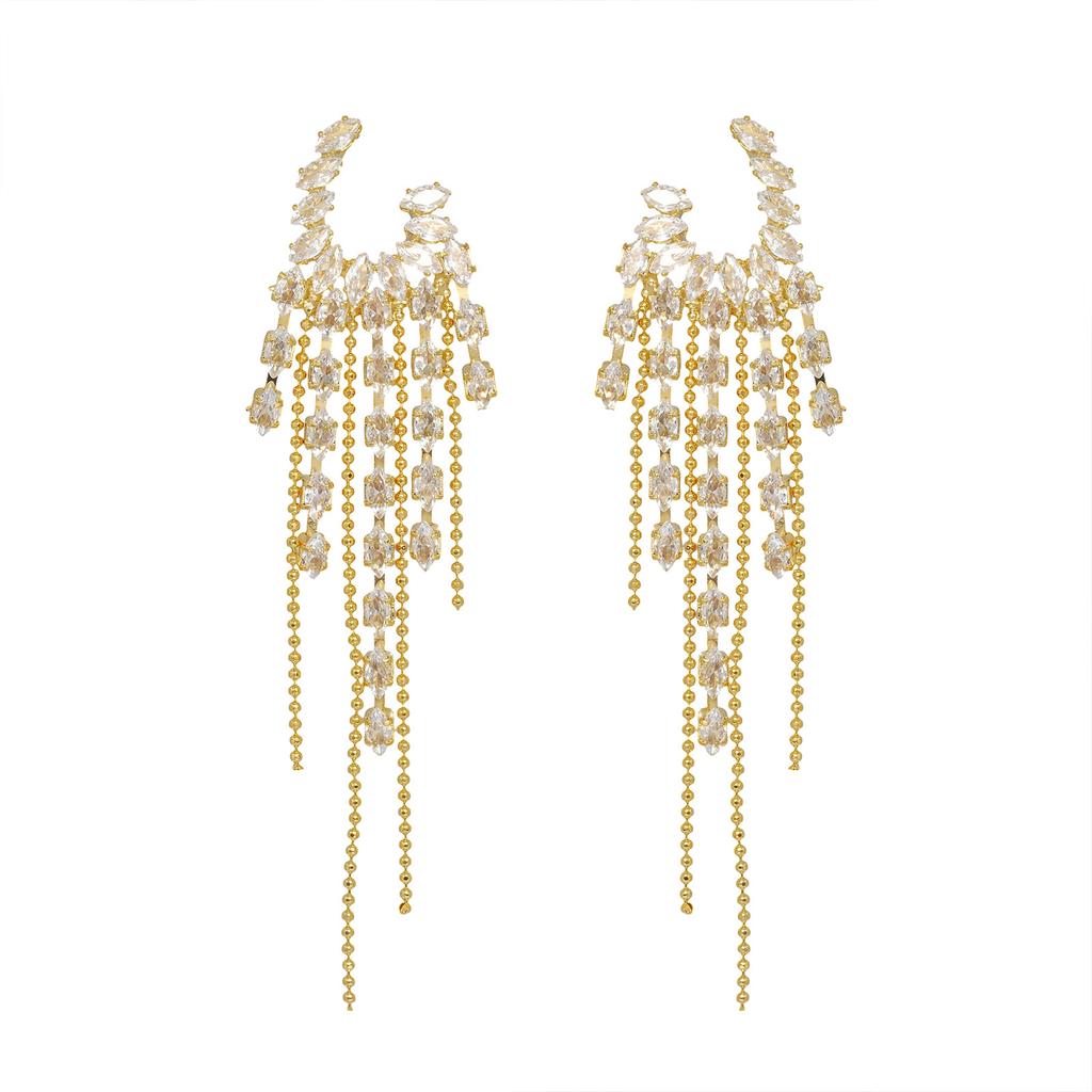 Light luxury high-end exquisite zircon wings long fringed stud earrings real gold electroplating women's ins fashion earrings wholesale